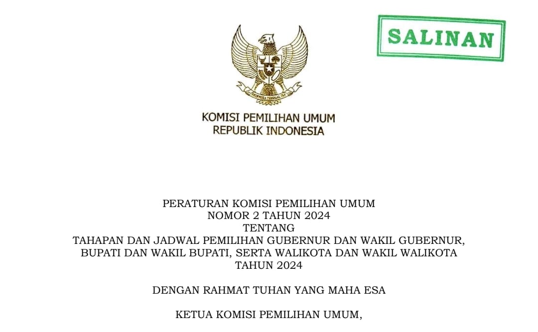 PKPU Pilkada 2024 Terbit, Pendaftaran Paslon Kepala Daerah Hanya Dua Hari, Penetapan Paslon 22 September 2024