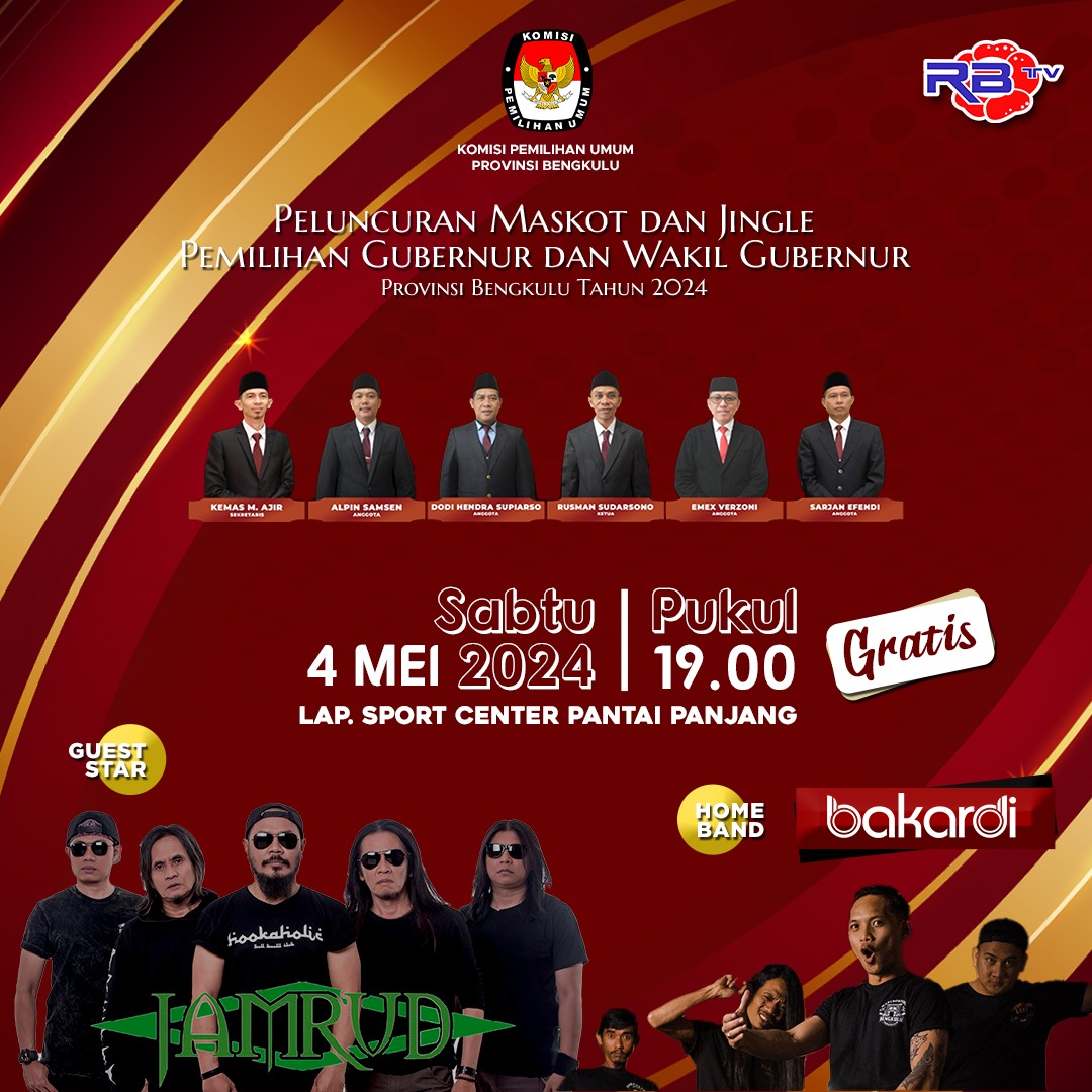 Band Jamrud Konser Gratis di Bengkulu 4 Mei 2024, Meriahkan Peluncuran Maskot dan Jingle Pilkada 2024