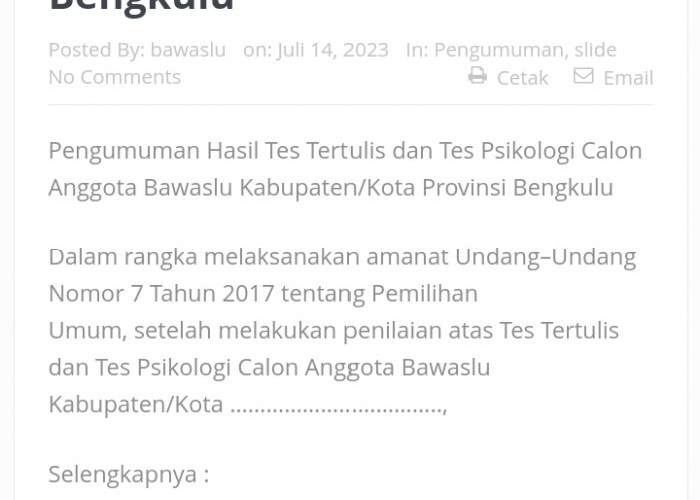 Perjuangan Masih Panjang, Ini 12 Nama Calon Bawaslu yang Lulus Tes Tertulis dan Psikologi se-Provinsi Bengkulu