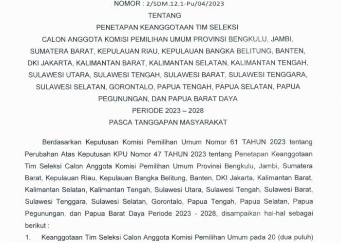 Pasca Tanggapan Masyarakat, Susunan Tim Seleksi Calon Anggota KPU Provinsi Bengkulu Berubah