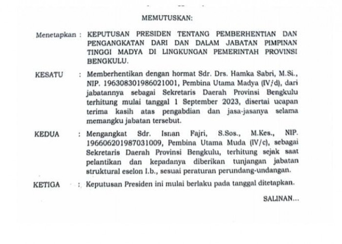Beredar surat penunjukan Isnan Fajri sebagai Sekprov Bengkulu