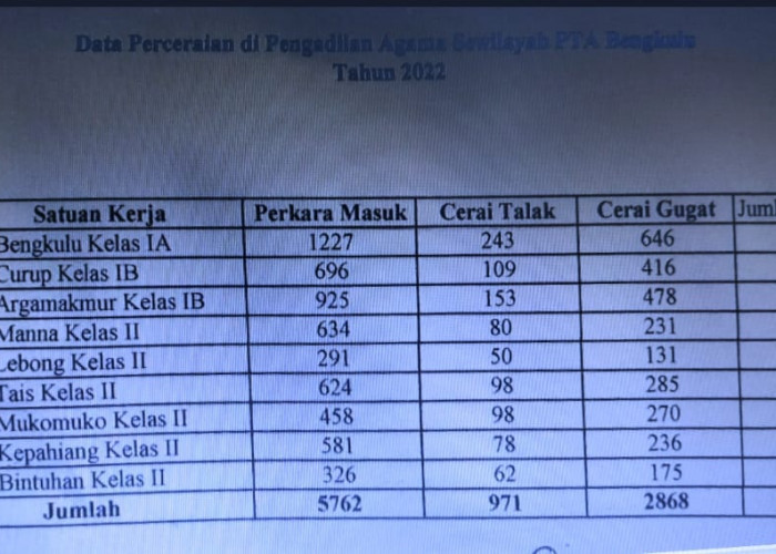 Suami Jarang di Rumah, Data PTA Bengkulu Ada 3.839 Kasus Cerai