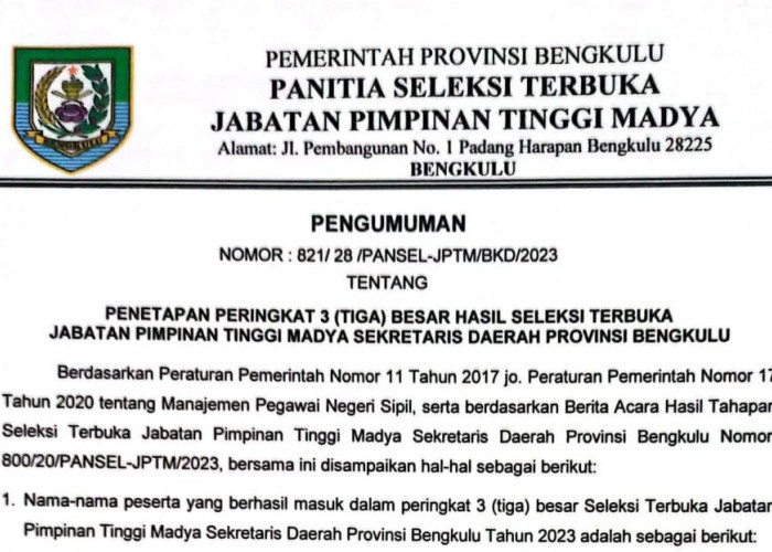 Ini 3 Nama Calon Sekprov Bengkulu yang Ditetapkan Pansel