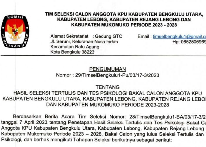 Ini 20 Besar Calon Komisioner KPU Lebong, Rejang Lebong, Mukomuko dan Bengkulu Utara